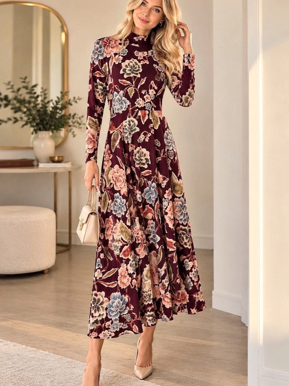 ZARA Burgundy Floral Jersey Tie-Neck Midi Dress S